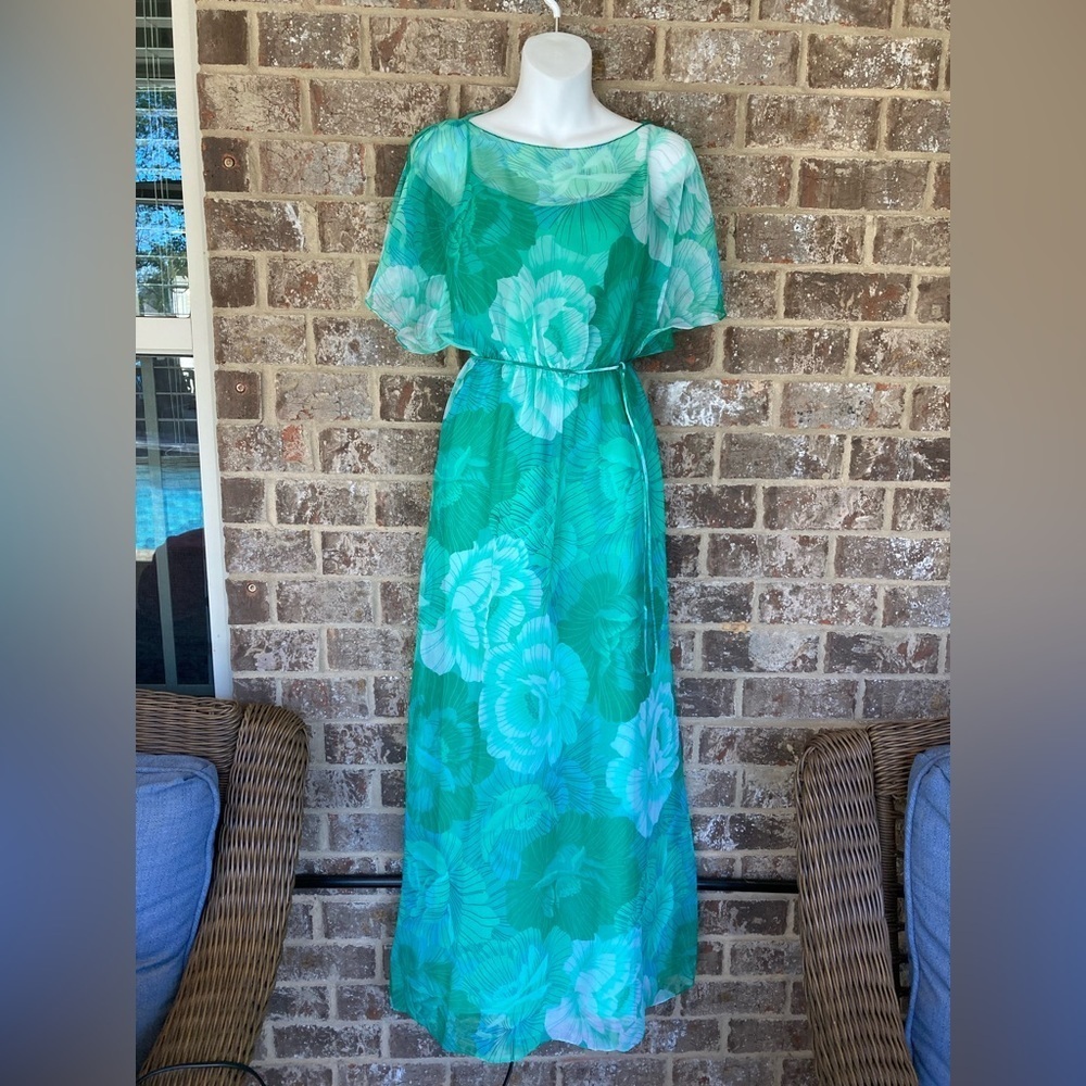 Vintage 70s Two Piece Maxi Dress slip dress semi sheer flutter sleeves S/XS